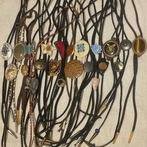 Vintage Lot of 22 Metal Bolo Ties, Nice Designs, Stones, Horseshoe, Turquoise